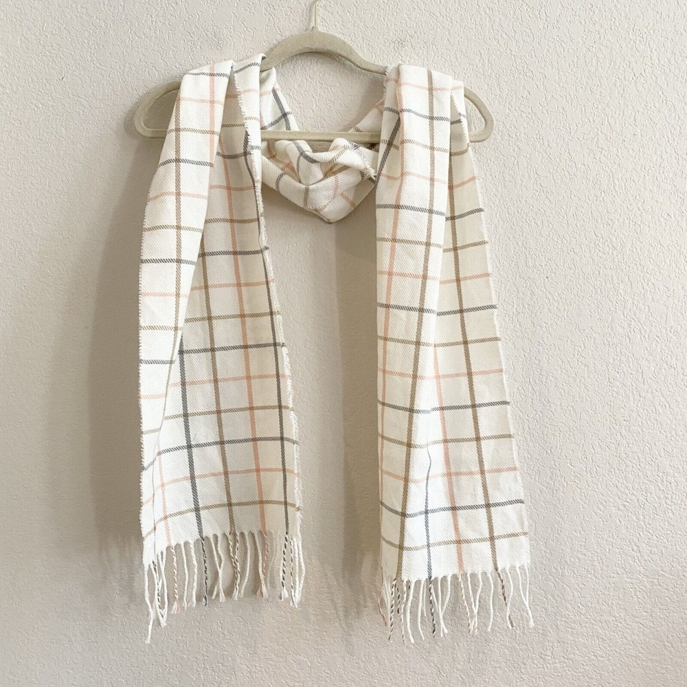 Calvin Klein Scarf 100% Acrylic White Gray Pink‎ Gold Wrap 67” X 11”